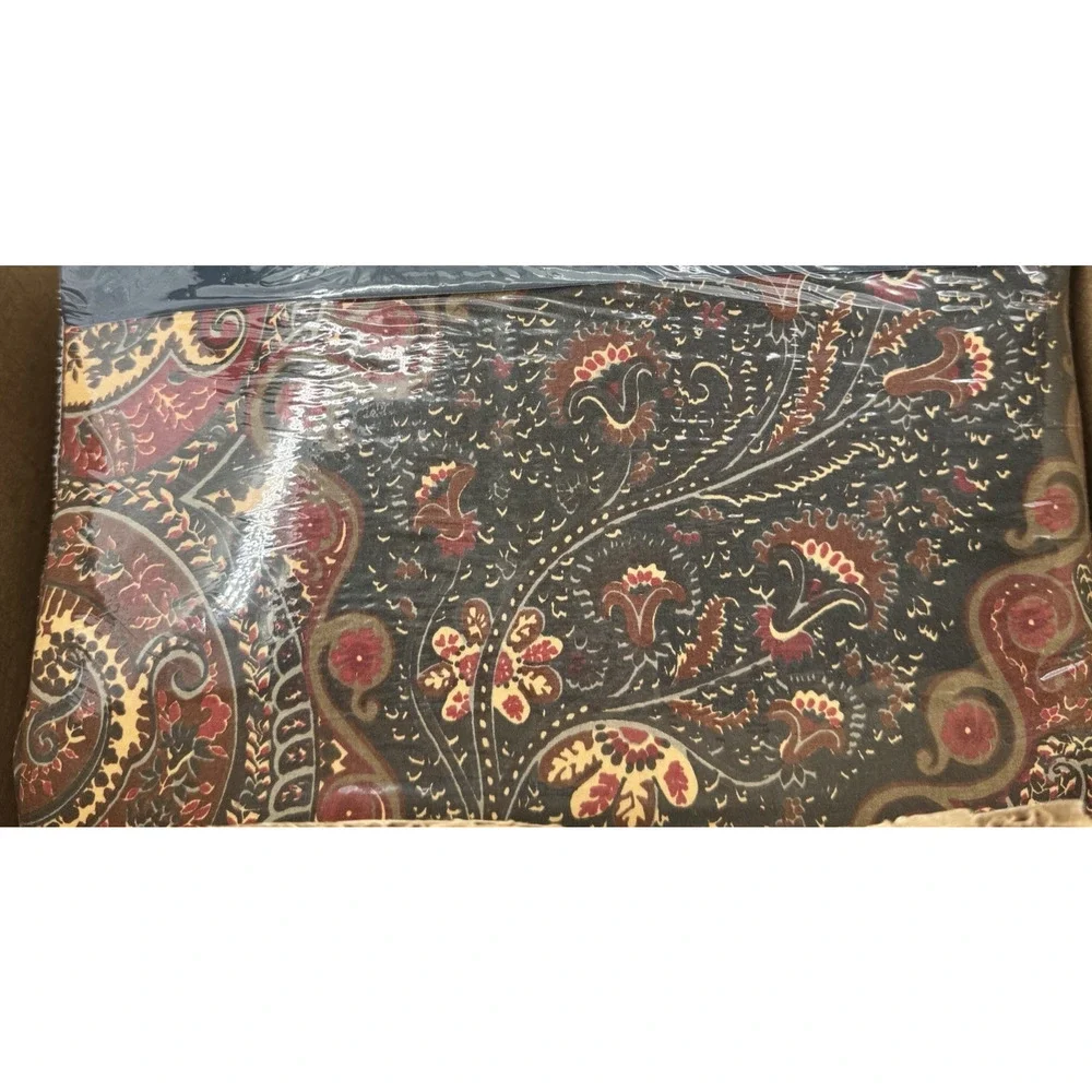 Vintage RALPH LAUREN QUEEN Flat Sheet Whitbury‎ Paisley Black Red Brown Combed